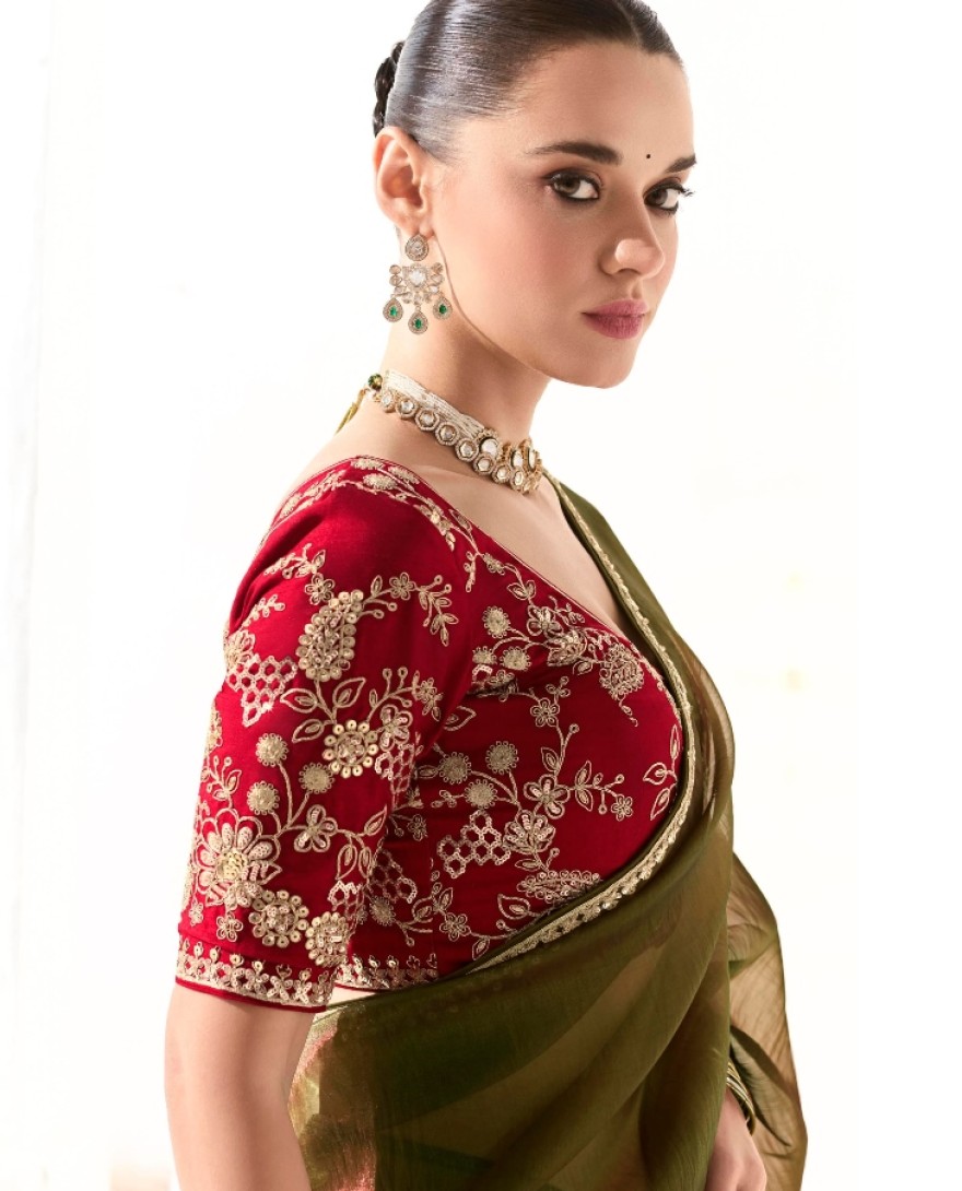 2219 - Incredible Olive Green Sequins Tissue Silk Saree With Maroon Blouse